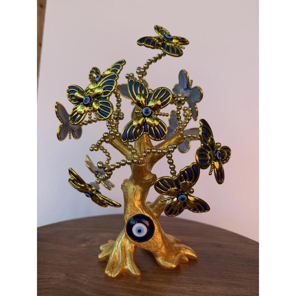 Árbol Decorativo Dorado Mariposas Azules Ojo Turco Nazar Protección